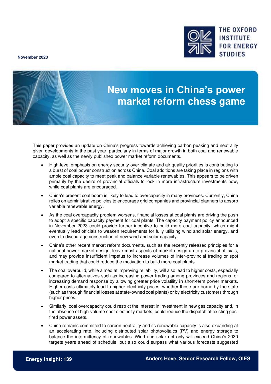 中国电力市场改革棋局新动向（英文版）--牛津能源研究所.pdf_第1页
