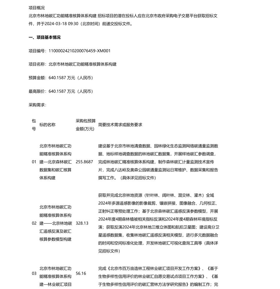 【招标】碳汇640万-北京市林地碳汇功能精准核算体系构建01包-03包公开招标公告.pdf_第1页