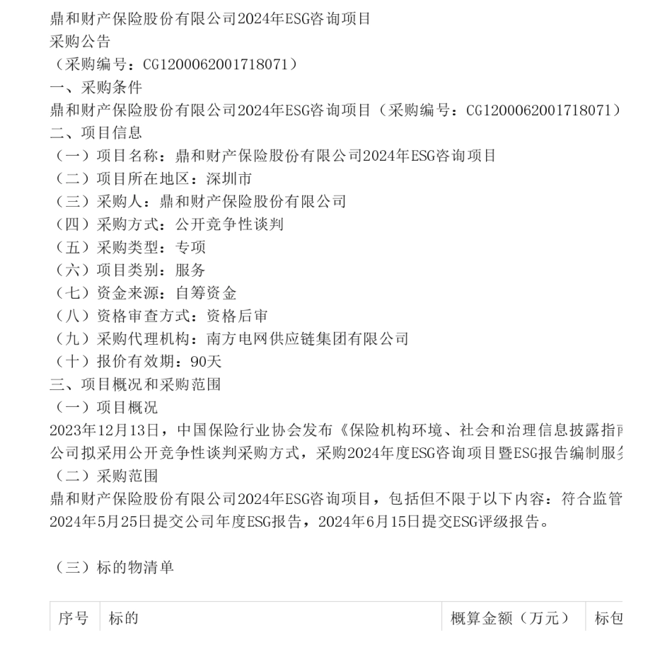 【招标】ESG服务30万-鼎和财产保险股份有限公司2024年ESG咨询项目采购公告_第1页