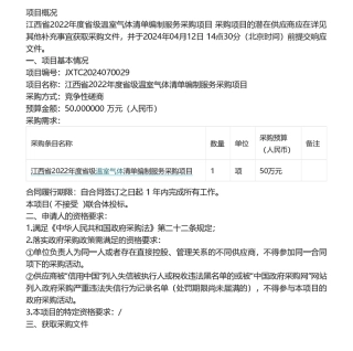【招标】温气清单50万-江西省2022年度省级温室气体清单编制服务采购项目竞争性磋商公告