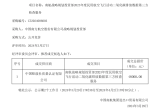 【中标】碳核查4.8万-南航战略规划投资部2023年度民用航空飞行活动二氧化碳排放数据第三方核查服务成交结果公示-中国船级社质量认证有限公司