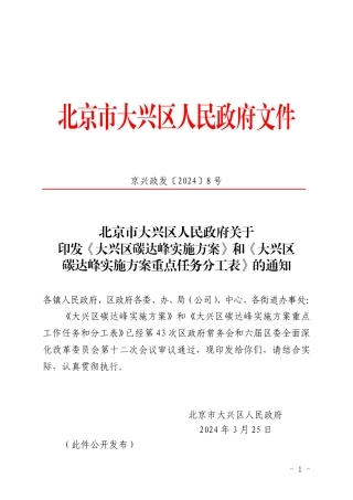 【政策】关于印发《大兴区碳达峰实施方案》和《大兴区碳达峰实施方案重点任务分工表》的通知