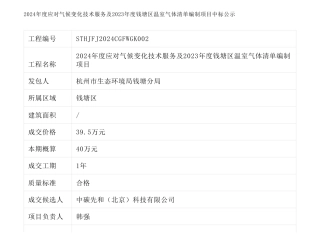 【中标】温气清单39.5万-2024年度应对气候变化技术服务及2023年度钱塘区温室气体清单编制项目中标公示-中碳先和科技有限公司