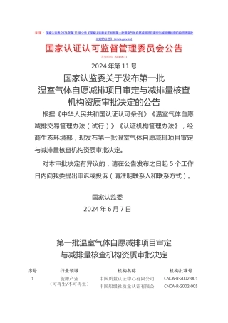 国家认监委关于发布第一批温室气体自愿减排项目审定与减排量核查机构资质审批决定的公告