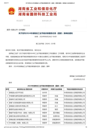 关于发布2024年湖南省工业节能诊断服务任务（国家）清单的通知 - 湖南省工业和信息化厅