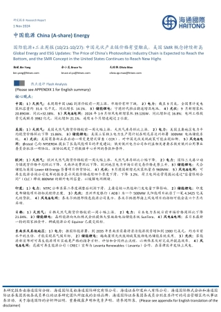 海通国际：国际能源+工业周报：中国光伏产业链价格有望触底，美国SMR概念持续新高