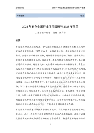 2024年有色金属行业信用回顾与2025年展望